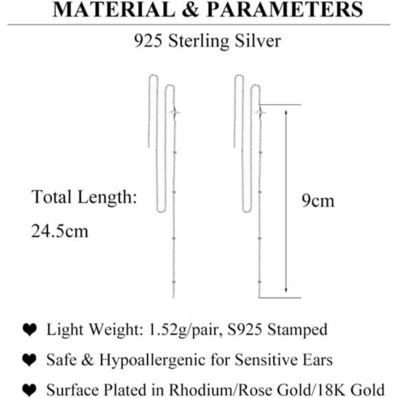 925 Sterling Silver Earrings Star Long Dangle Chain for Women Teens Line Dangle - Picture 6 of 7